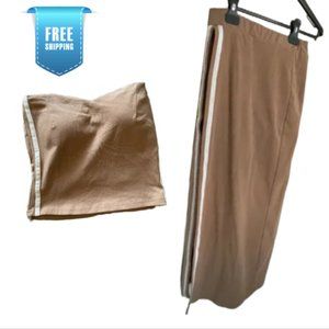 (Top+Skirt Set) Beige Stripes Tank Top & Slit Skirt Women Two Piece Set (XS-L)